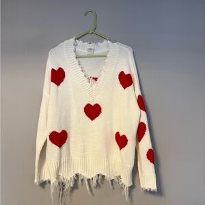 White and Red Heart Sweater